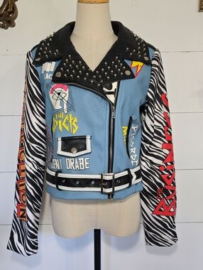 Azalea Wang Graffiti Zebra Print Studded Leather Moto Jacket - Punk Rock Grunge